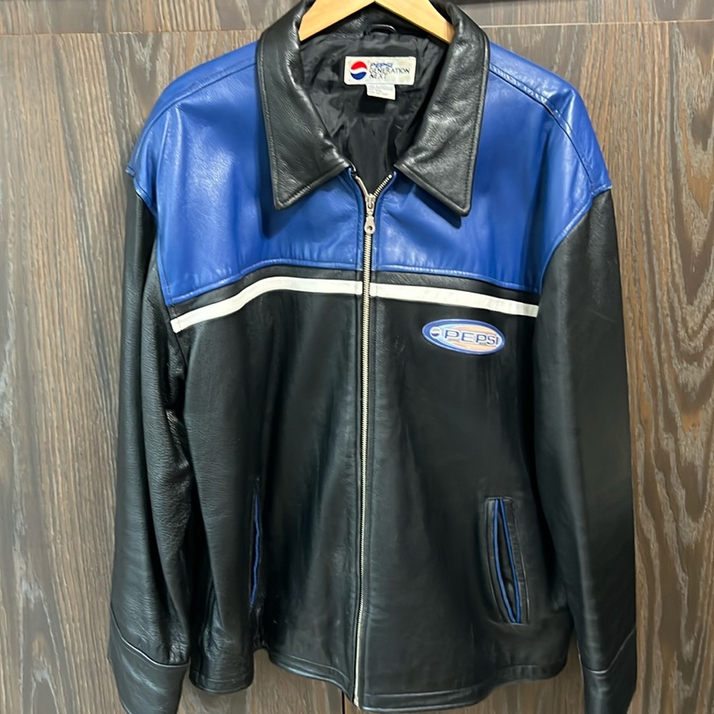 Pepsi Leather Vintage Jacket, Blue and Black with Logo, Large